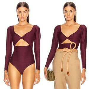Johanna Ortiz Jersey Bodysuit Twisted Cut-out Detail Long Sleeves Burgundy Sz 2